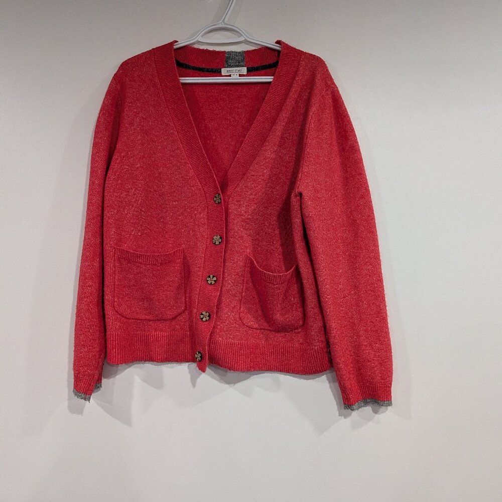 White Stuff V-Neck Cardigan with Wooden Buttons Bright Coral Pink Size 10